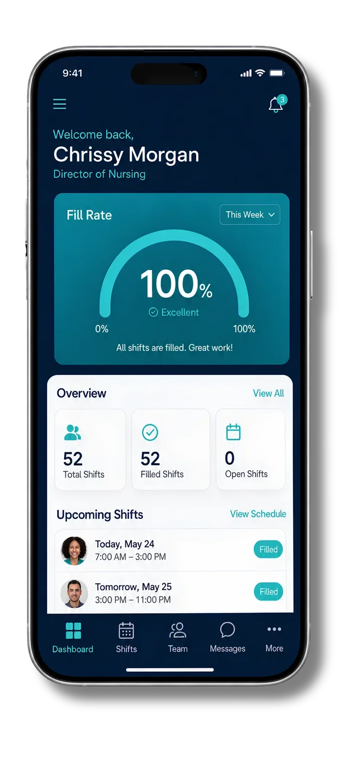 Weekend Warrior nurse app dashboard showing 100 percent fill rate and upcoming shifts