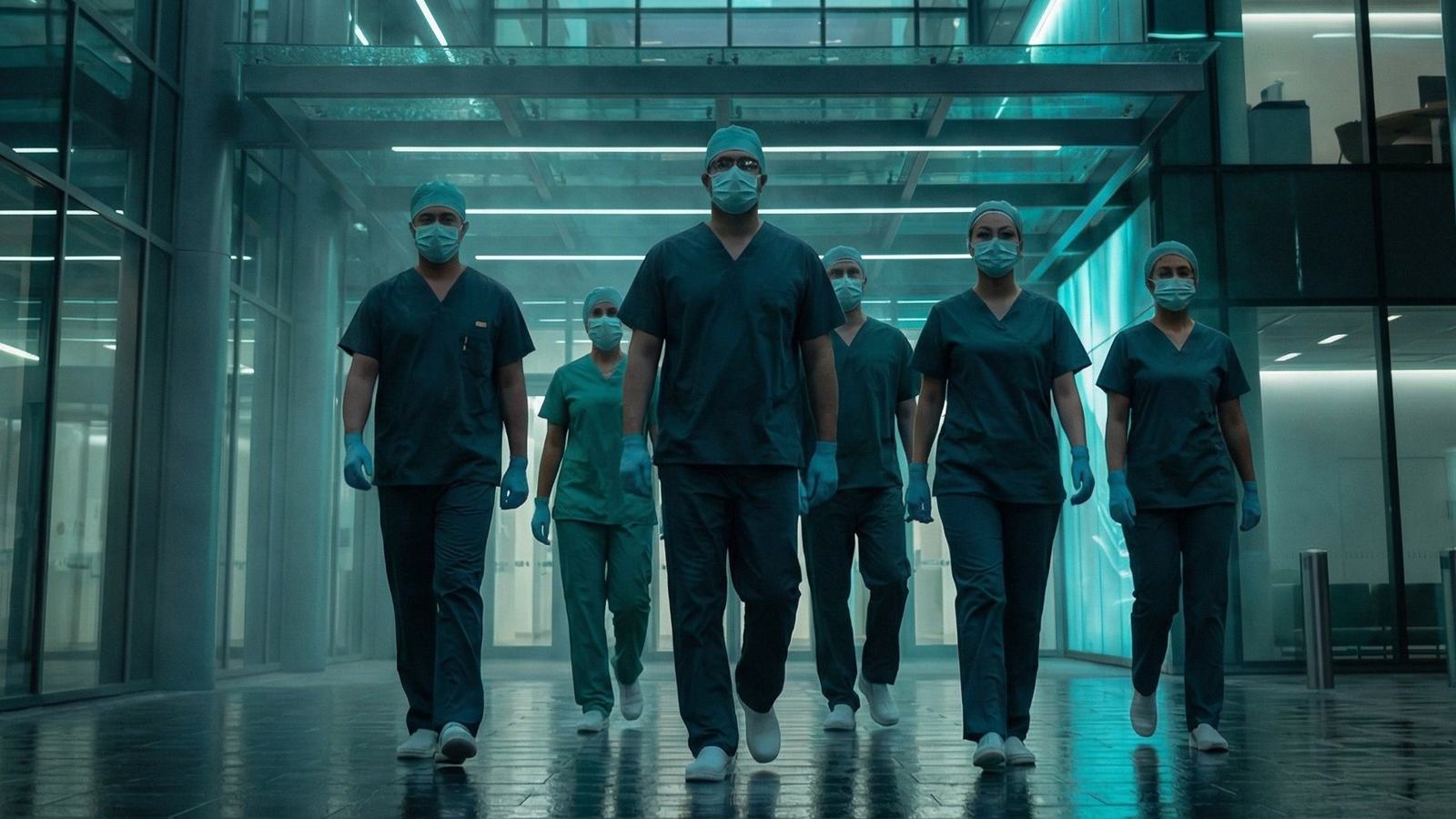 A dedicated pod of credentialed nurses walking together into a facility at the start of a weekend shift