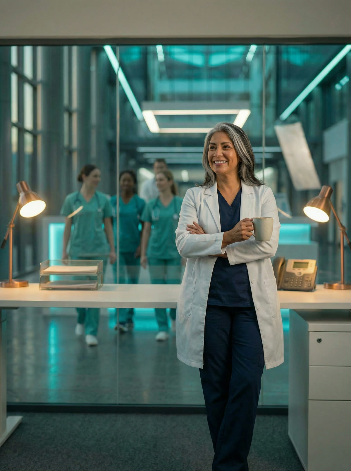 A director of nursing smiling as her weekend pod of credentialed nurses arrives at the facility